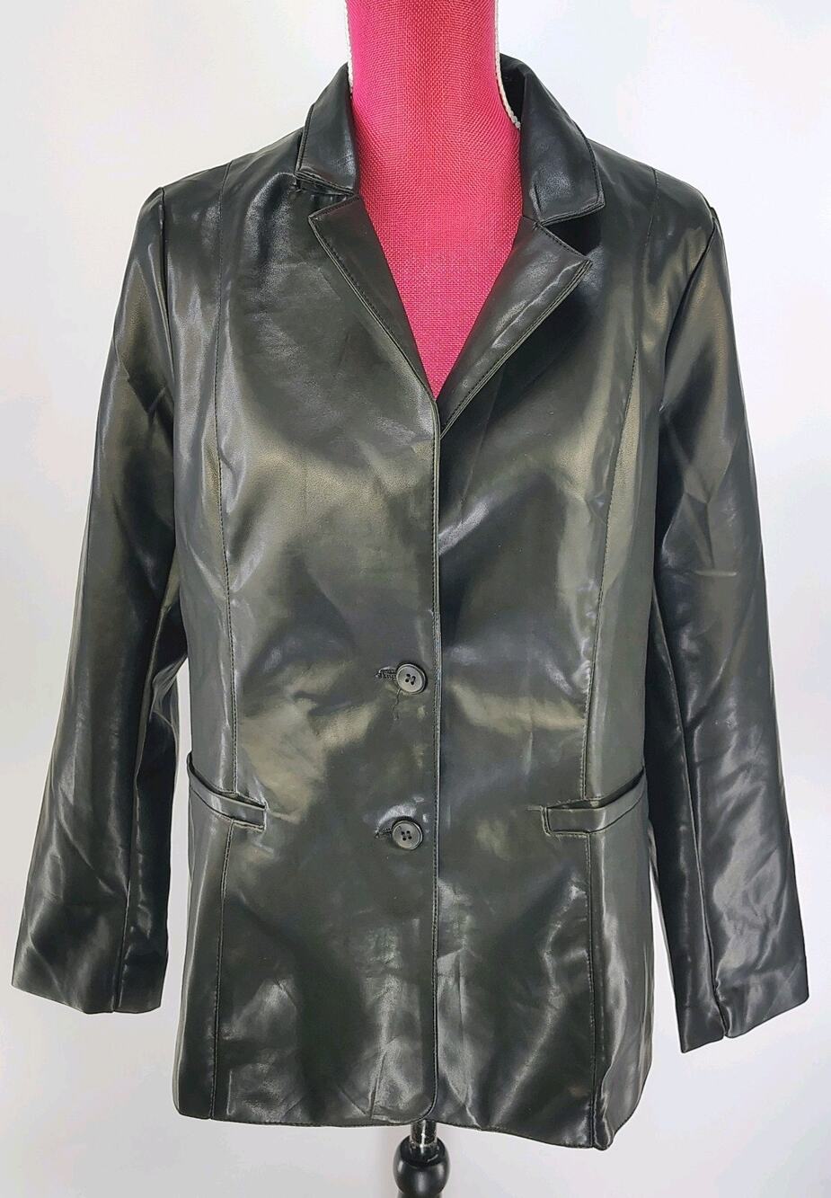 Risissida Women's Black Faux Leather Blazer Jacket Tailored PU Coat Size M